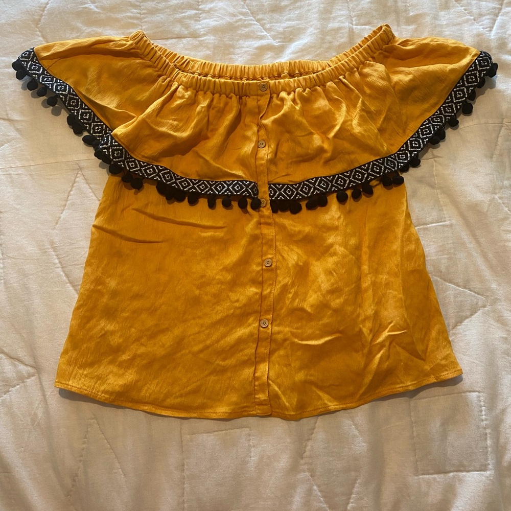 THML Mustard Yellow Boho Off-Shoulder Top - Katherine Pom Trim - Stitch Fix